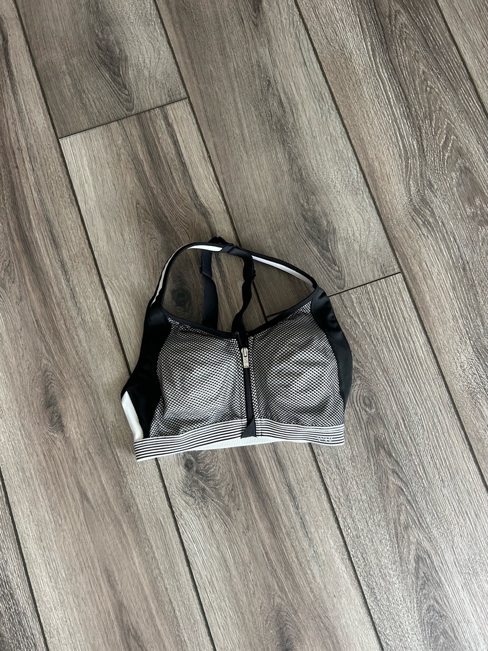 Victoria’s Secret  Front-Zip Black & White Mesh Sports Bra with Striped Band 32B